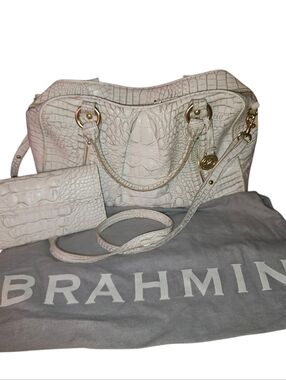 Brahmin White Leather Croc-Embossed Satchel with Wallet and Brahmin Dustbag